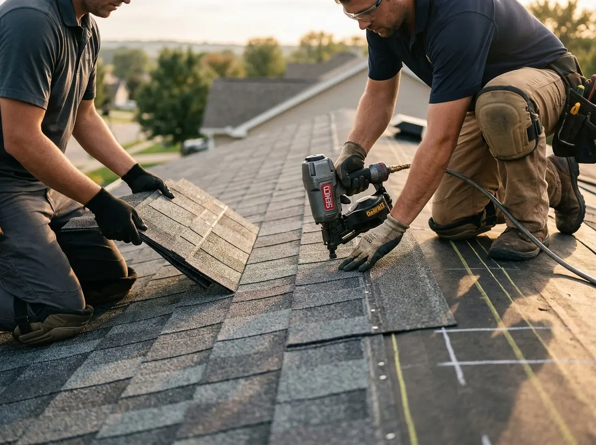 Professional roofer working on a residential roof in Ridgecrest